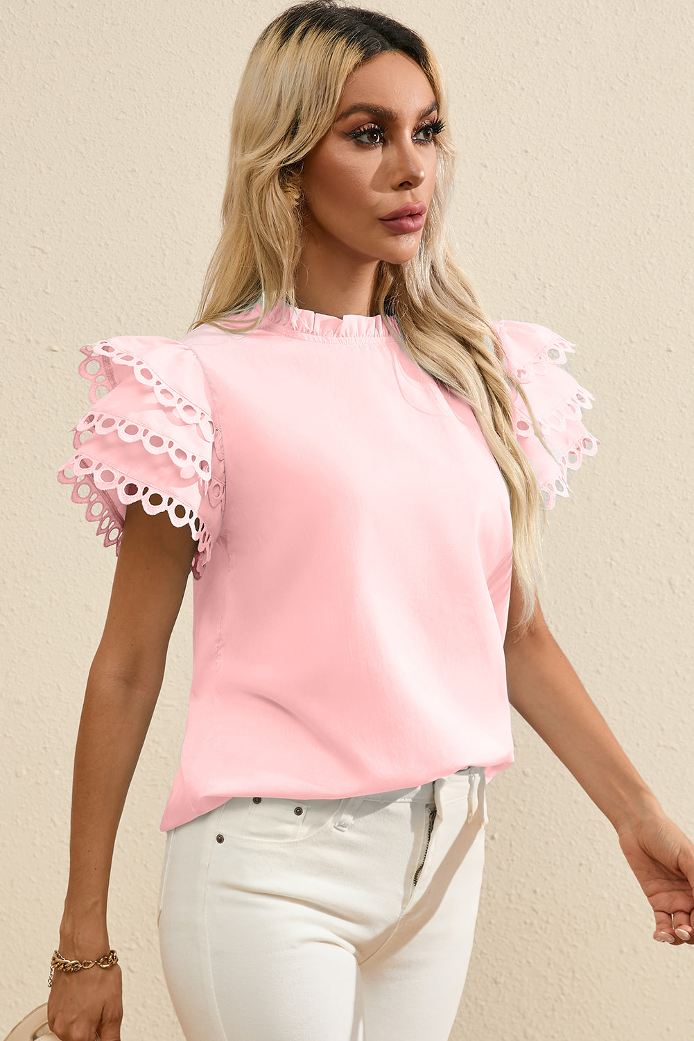 Light Pink Layered Ric Rac Cap Sleeve Frilled Neck Blouse