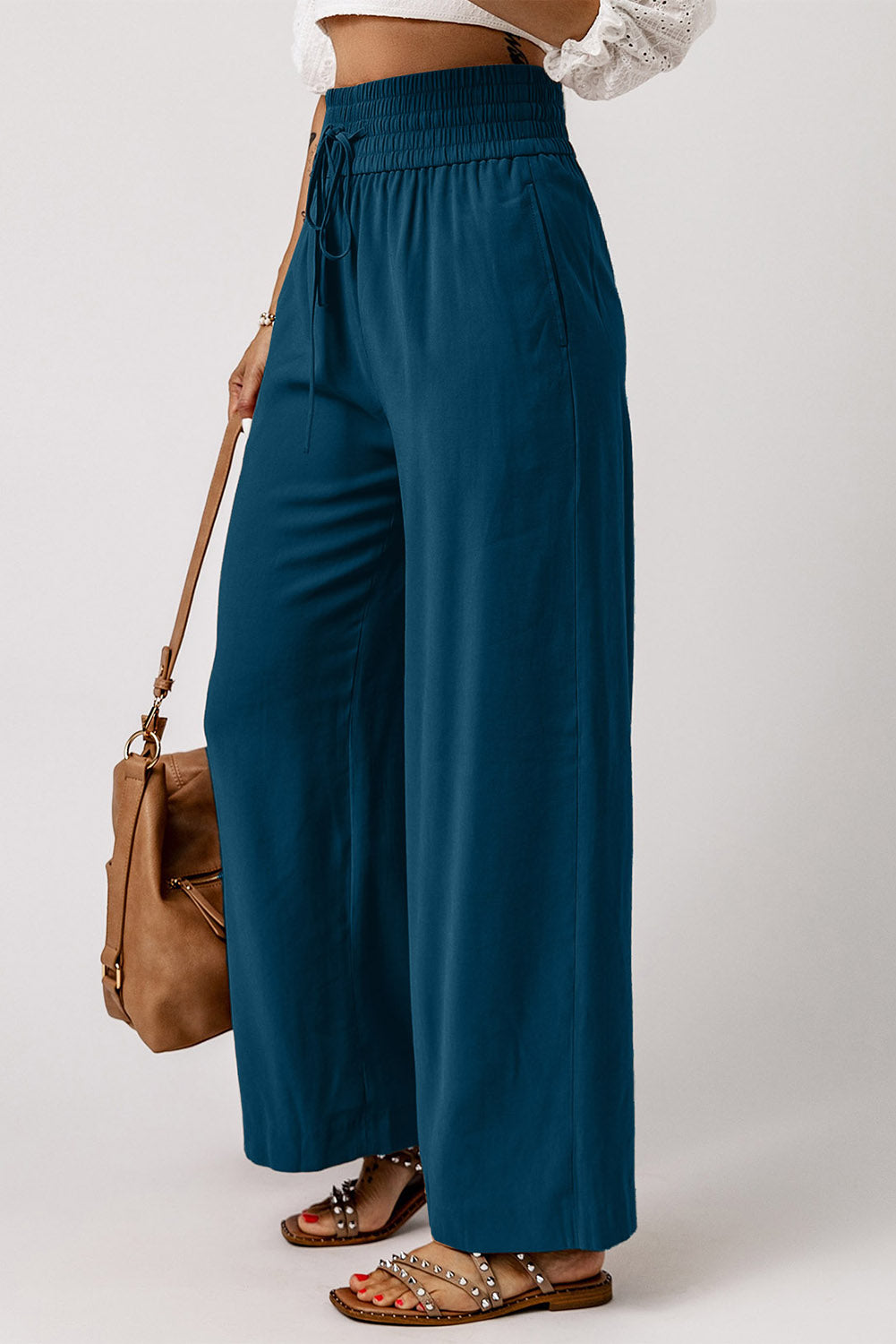 Green Brown Drawstring Elastic Waist Casual Wide Leg Pants