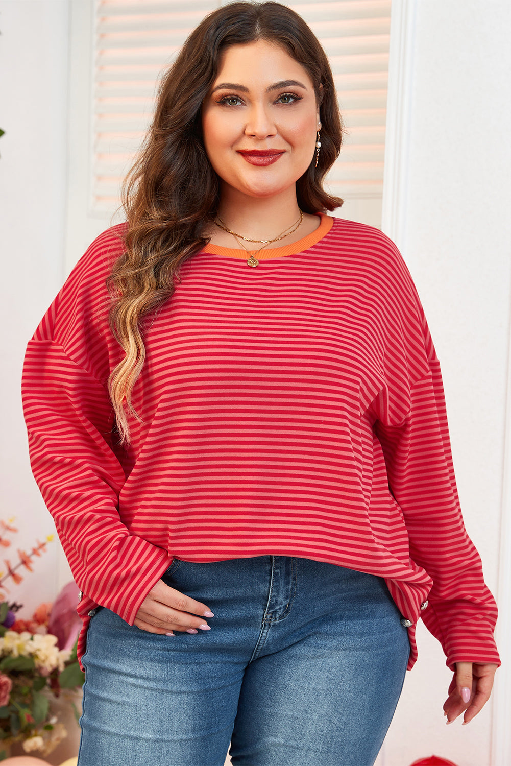 Orange Stripe Plus Size Drop Shoulder Long Sleeve Buttoned Decor Top