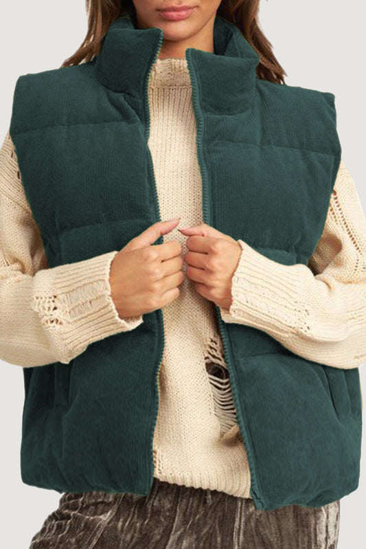 Jungle Green Corduroy Stand Neck Zipped Puffer Vest