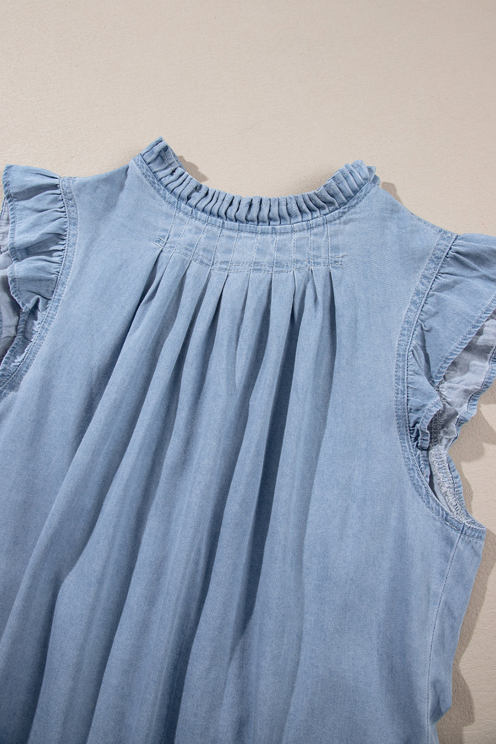 Beau Blue Frilly Pleated Button Back Retro Chambray Top