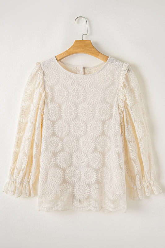 Oatmeal Flower Jacquard Button Back Ruffled 3/4 Sleeve Blouse