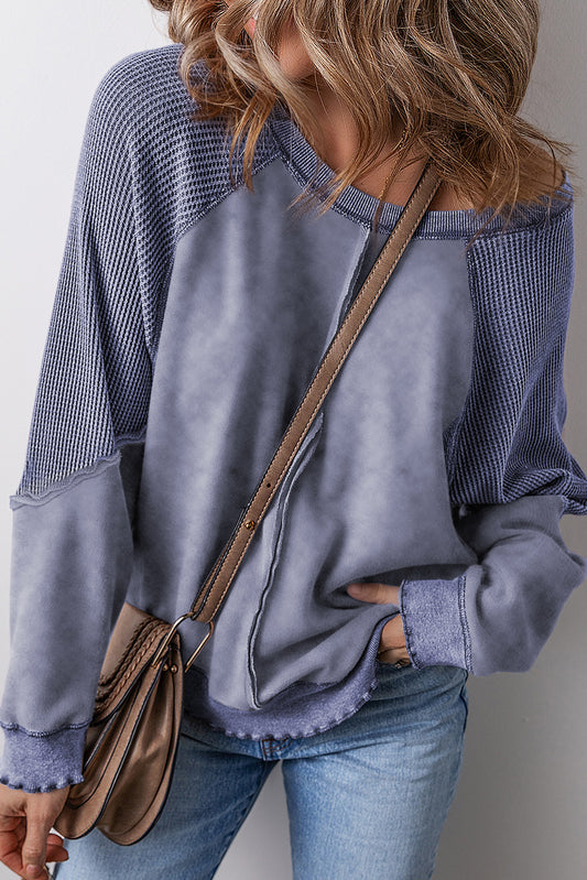 Sail Blue Solid Waffle Knit Patchwork Raglan Sleeve Sweatshirt