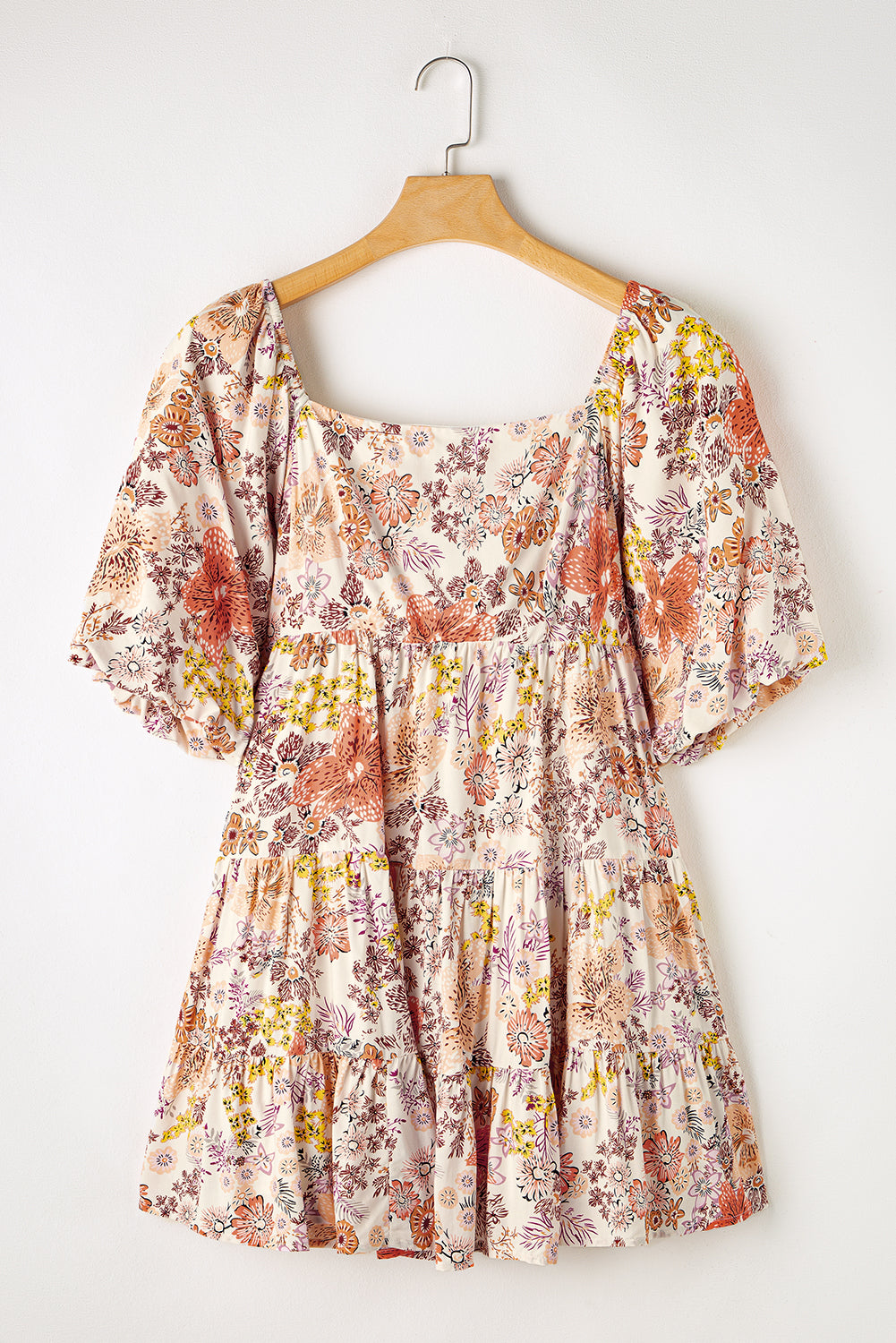 Khaki Floral Short Sleeve Square Neck Mini Dress