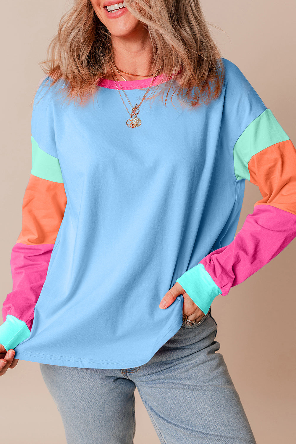 Rose Red Colorblock Patchwork Long Sleeve Loose Top