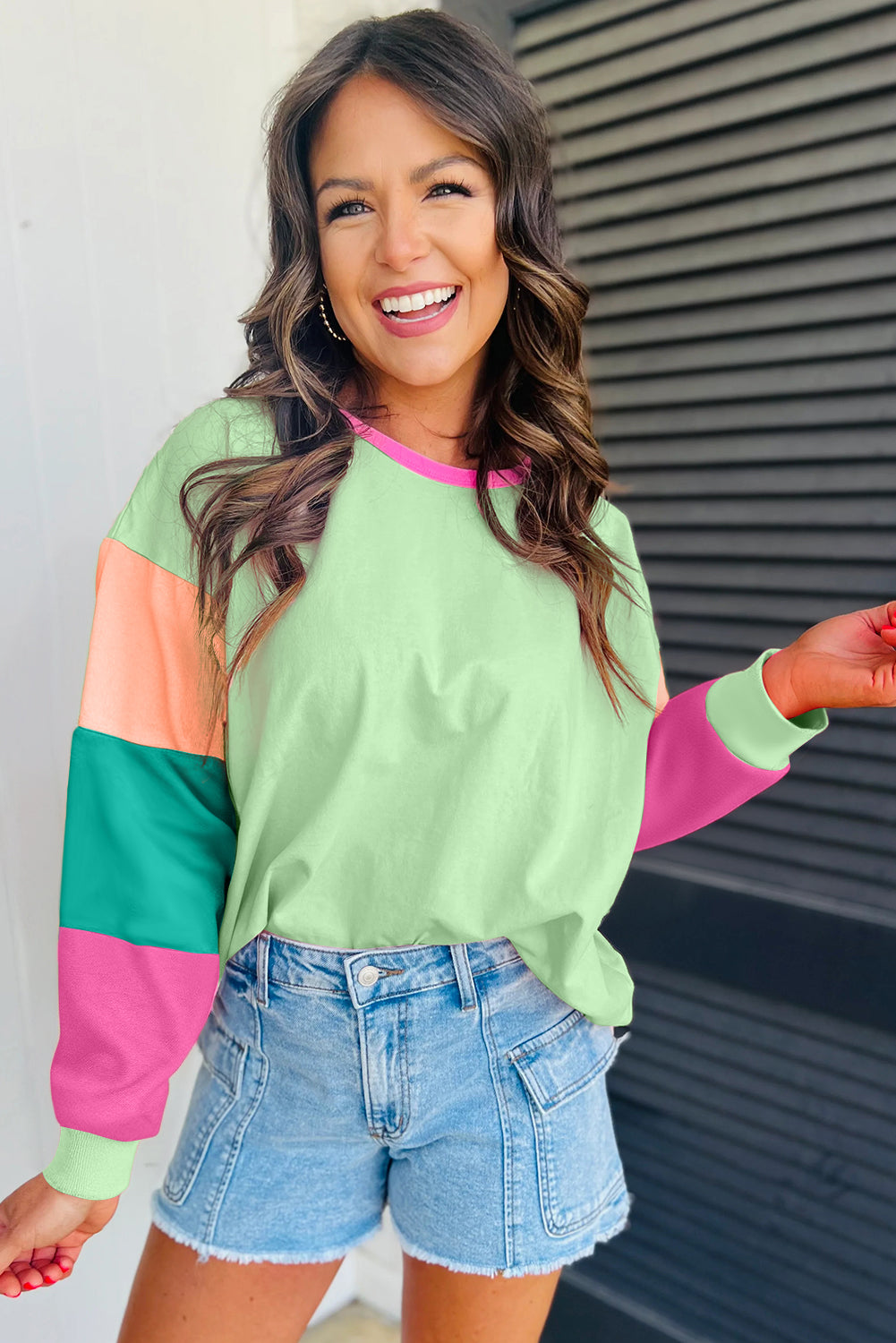 Green Colorblock Patchwork Long Sleeve Loose Top