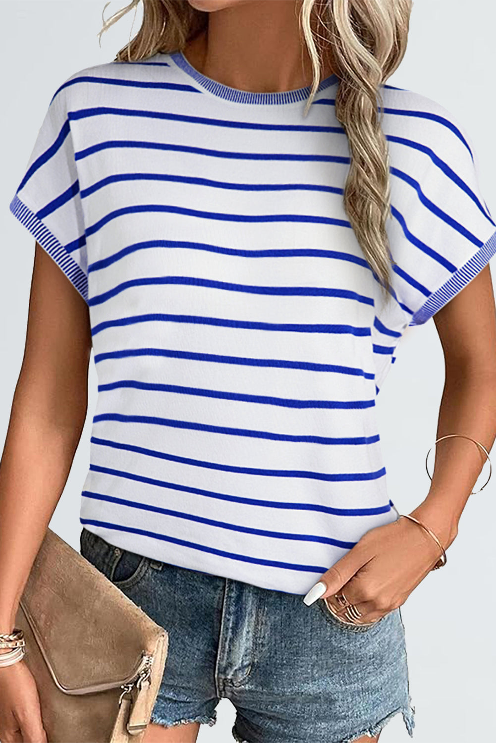 Khaki Stripe Knitted Bat Sleeve T Shirt