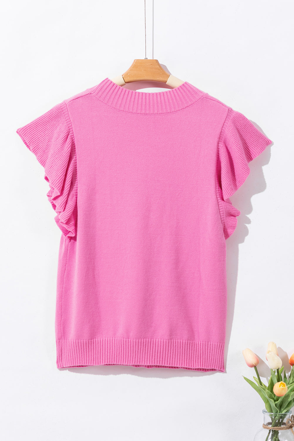 Bonbon Ribbed Mock Neck Ruffled Short Sleeve Sweater