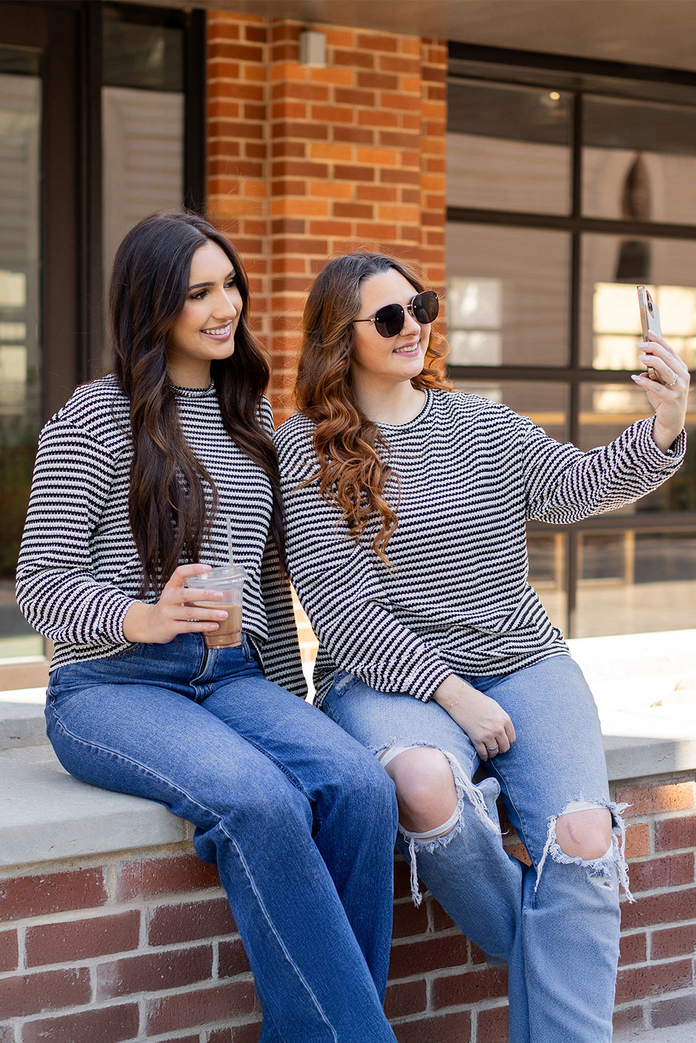 Black Stripe Round Neck Drop Shoulder Long Sleeve Top