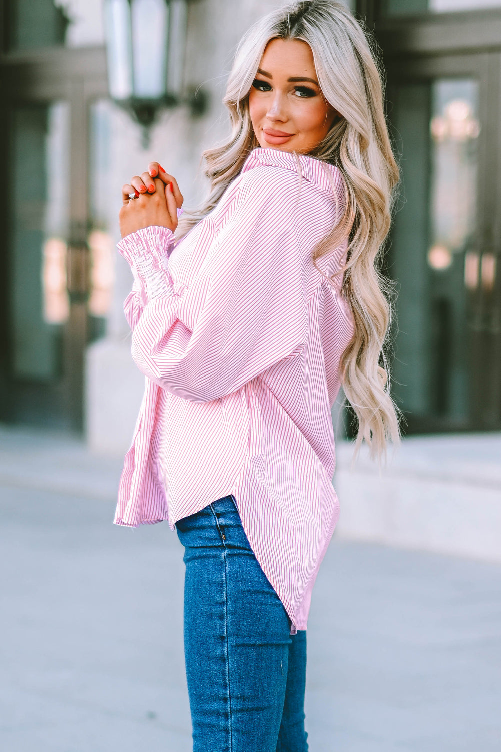 Sky Blue Smocked Cuffed Striped Boyfriend Shirt with Pocket