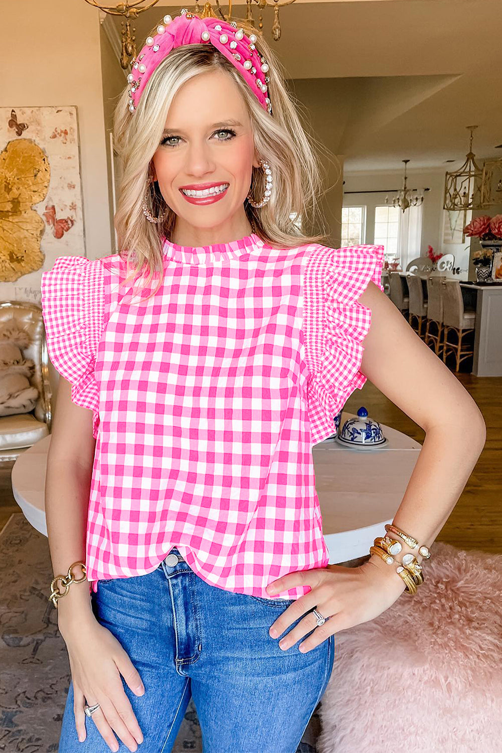 Rose Red Checkered Ruffled Sleeve Frilled Neck Blouse