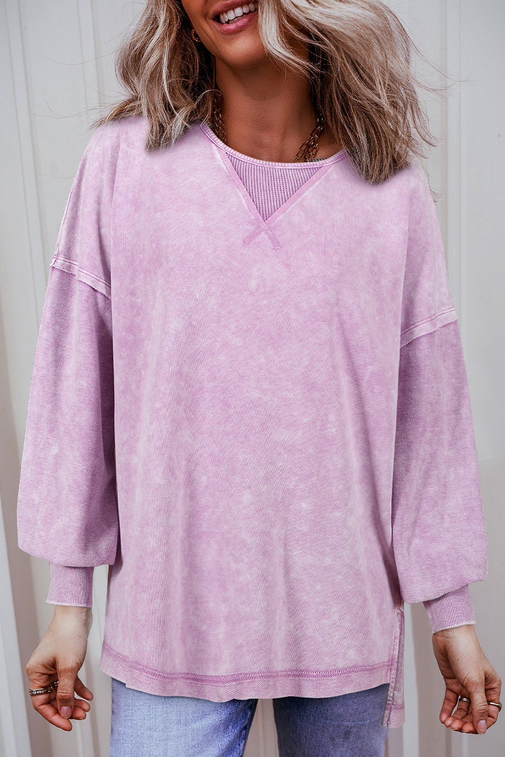 Strawberry Pink Mineral Wash Drop Shoulder Pullover Sweatshirt