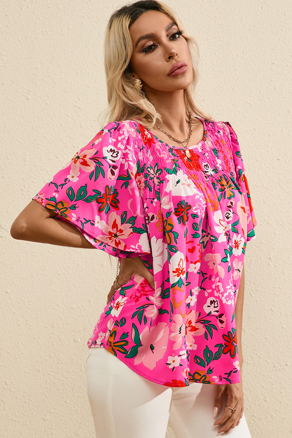 Pink Floral Short Sleeve Smocked Blouse