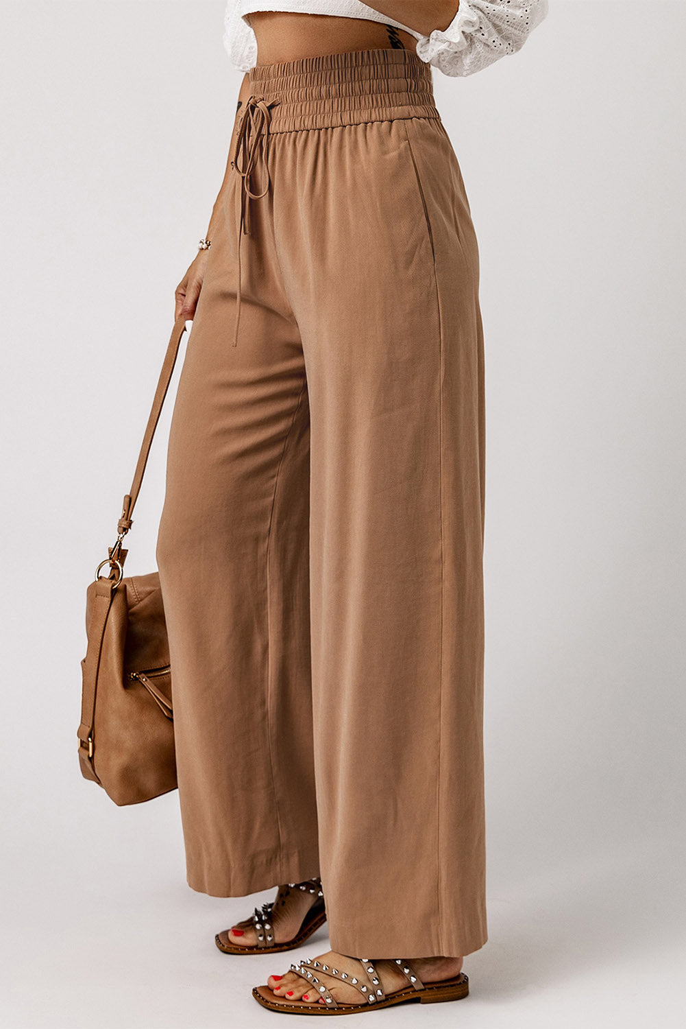 Green Brown Drawstring Elastic Waist Casual Wide Leg Pants