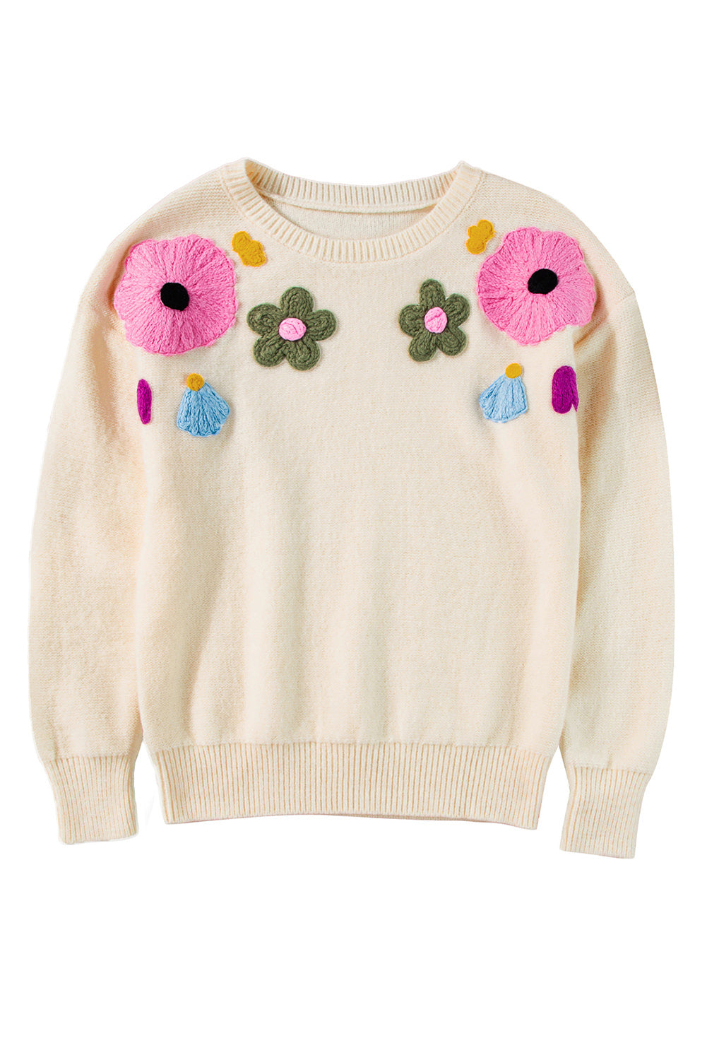 Beige Knitted Flower Pattern Ribbed Edge Sweater