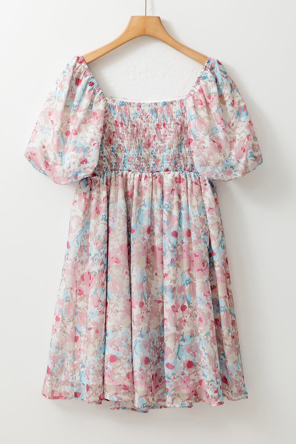 Pink Floral Puff Sleeve Square Neck Smock Ruffled Dress