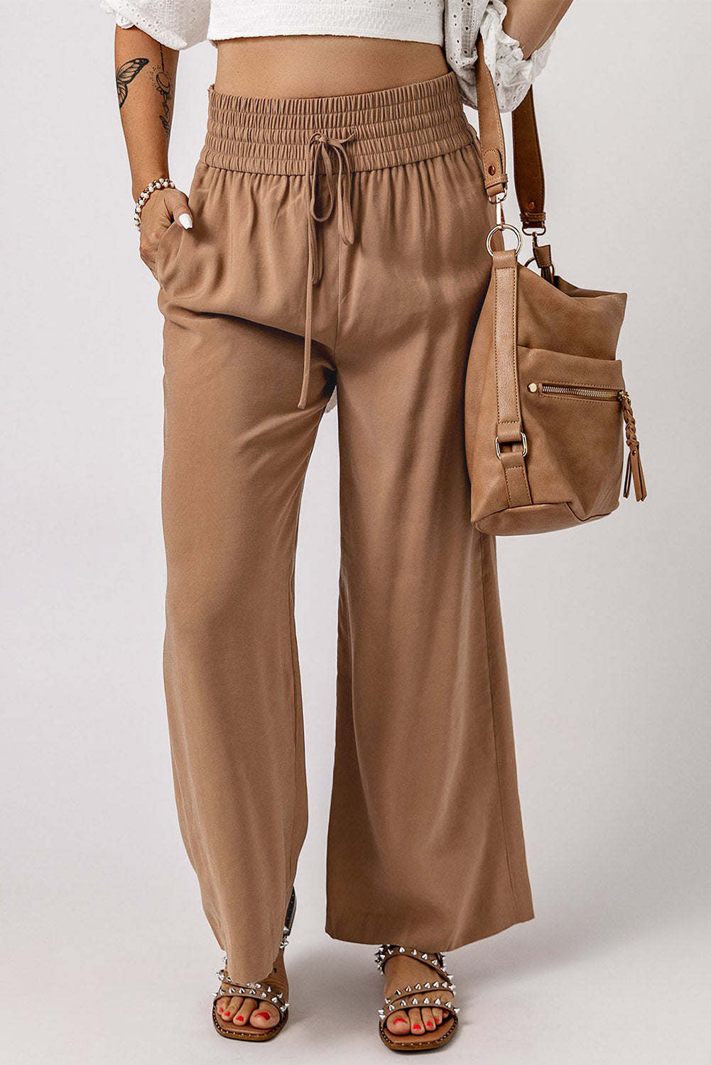 Green Brown Drawstring Elastic Waist Casual Wide Leg Pants