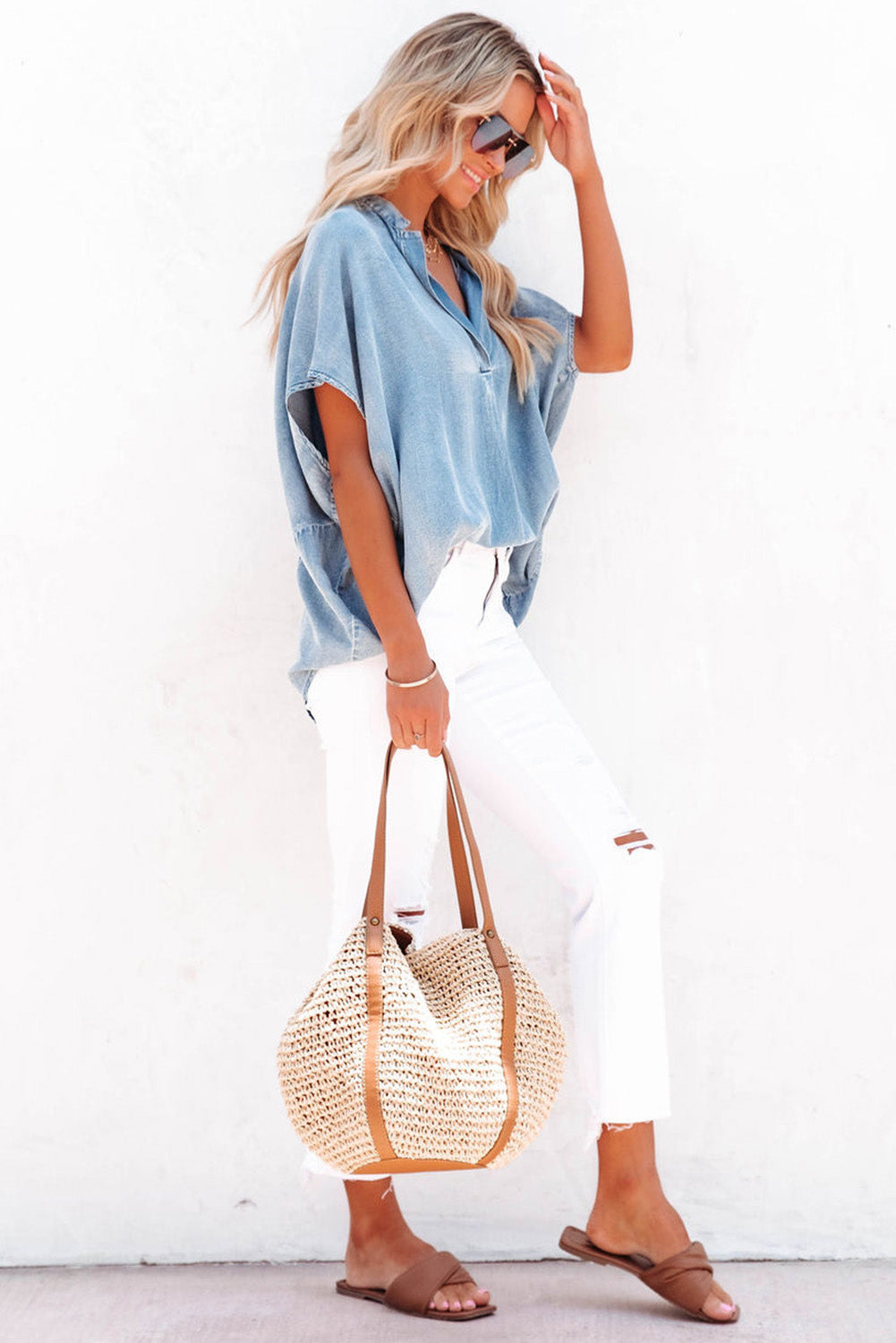 Sky Blue Split V Neck Oversized Denim Blouse