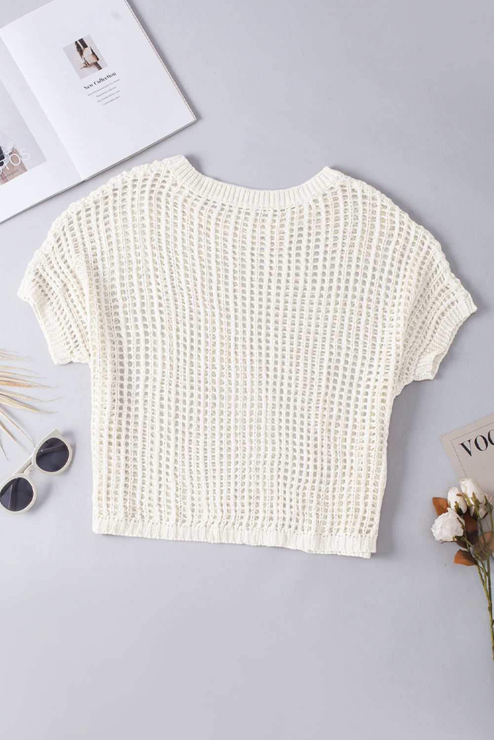 Apricot Fishnet Knit Ribbed Round Neck Short Sleeve Sweater Tee