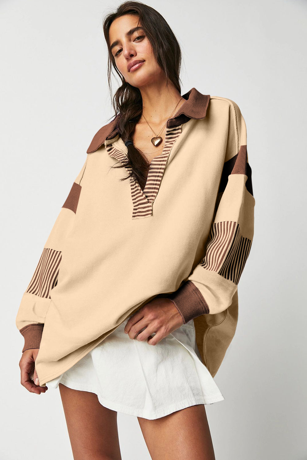 Casual Striped Colorblock Patchwork Collar Sweatshirt