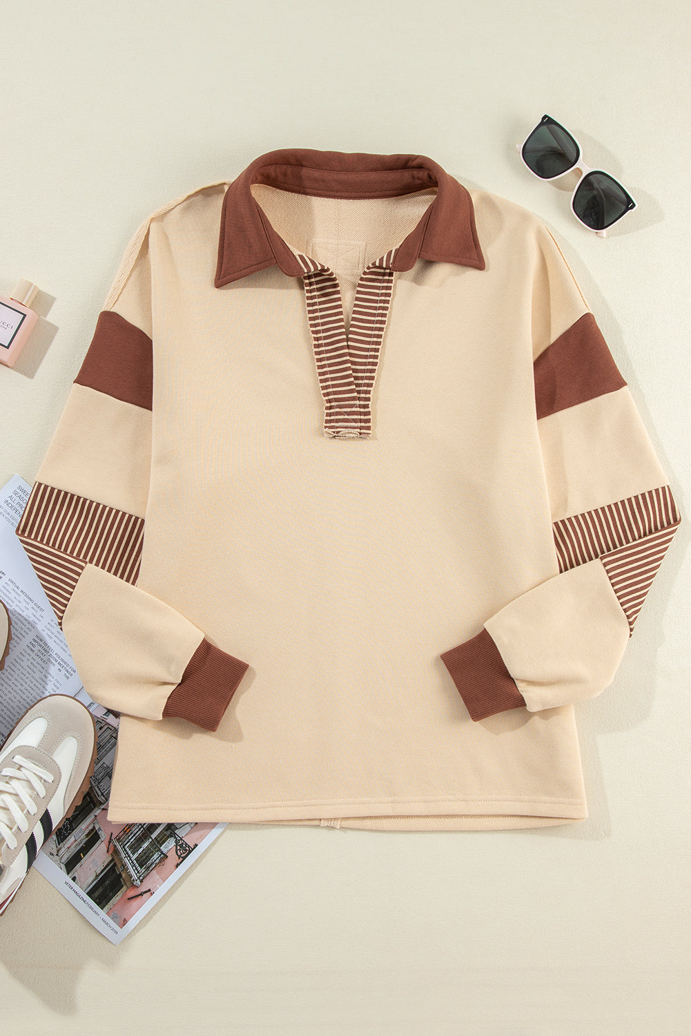 Casual Striped Colorblock Patchwork Collar Sweatshirt