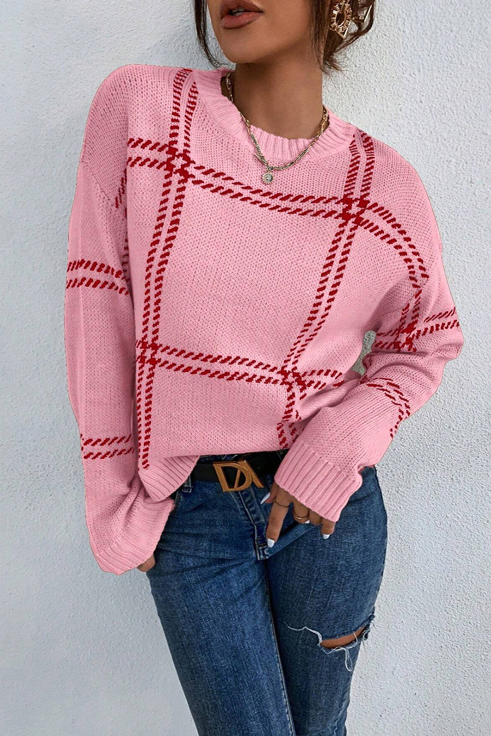 Pink Plaid Pattern Knitted Drop Shoulder Sweater