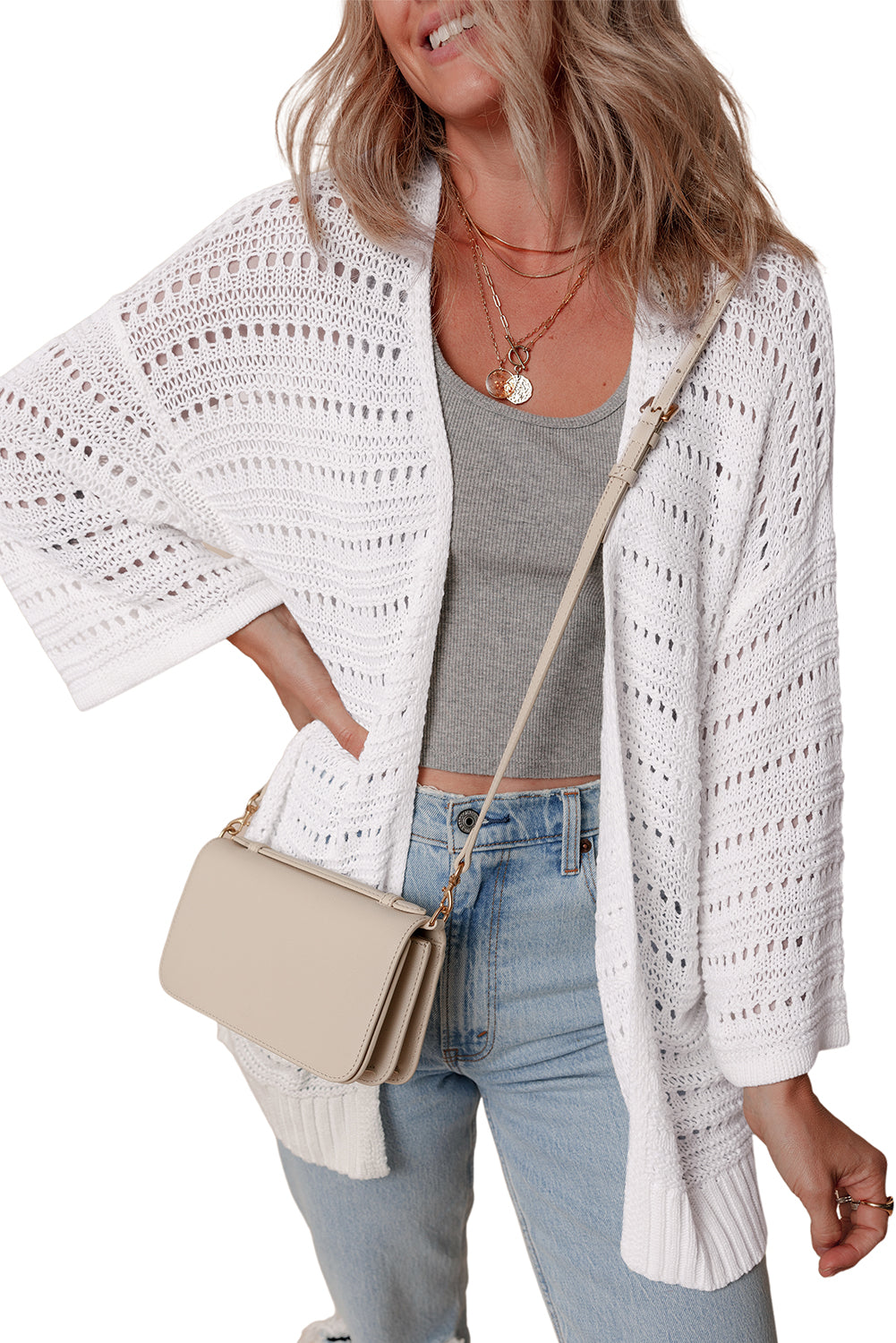 White Pointelle Knit Bracelet Sleeve Open Cardigan