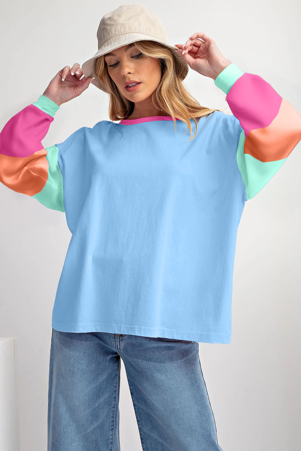 Rose Red Colorblock Patchwork Long Sleeve Loose Top