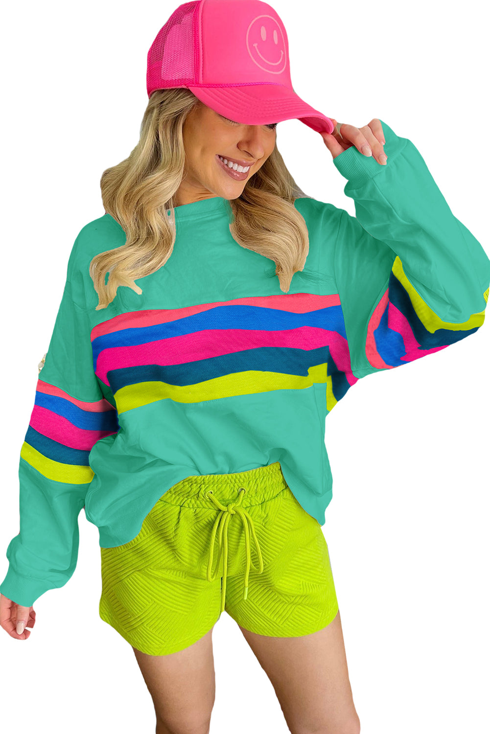 Green Colorful Striped Accent Long Sleeve T Shirt