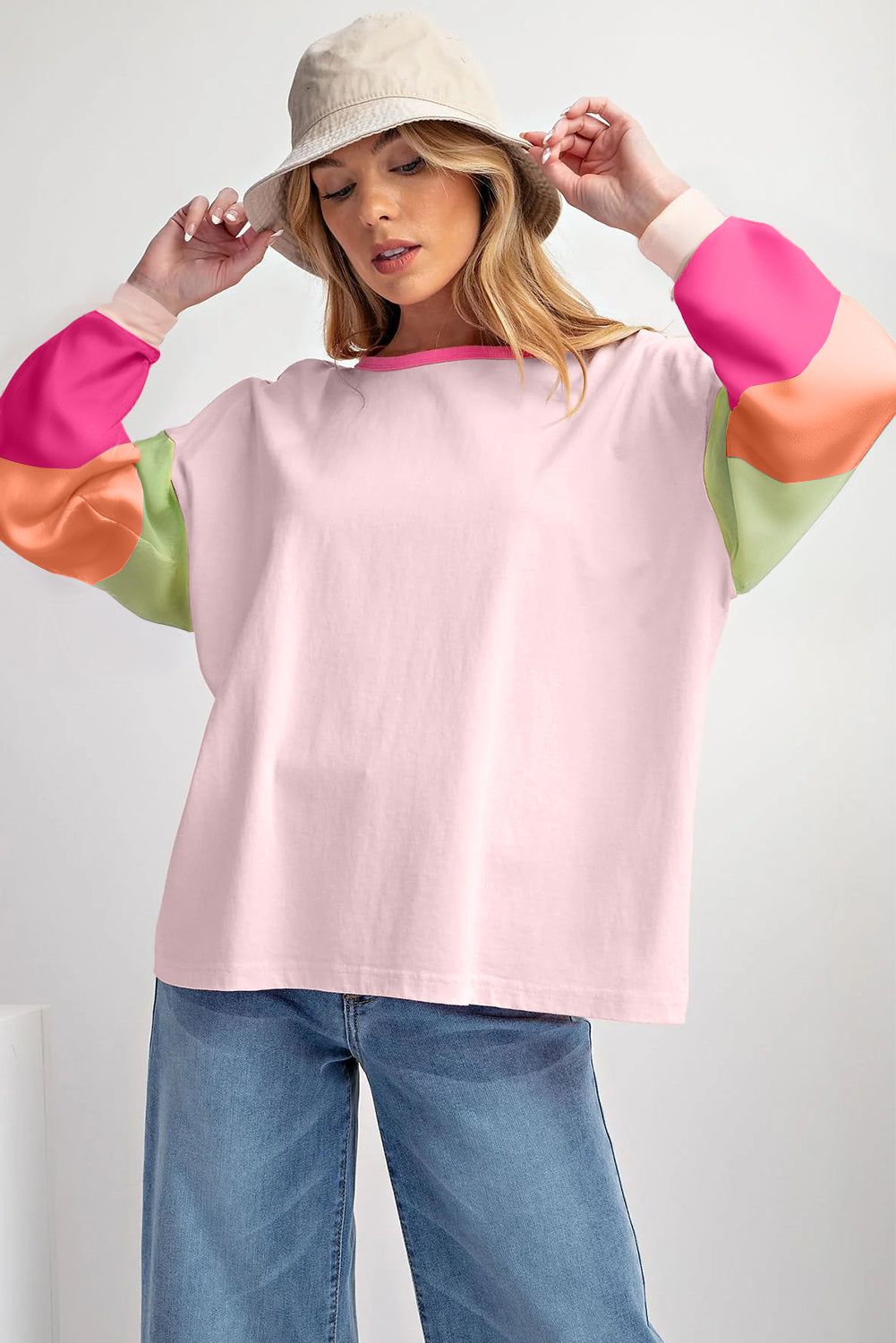 Green Colorblock Patchwork Long Sleeve Loose Top