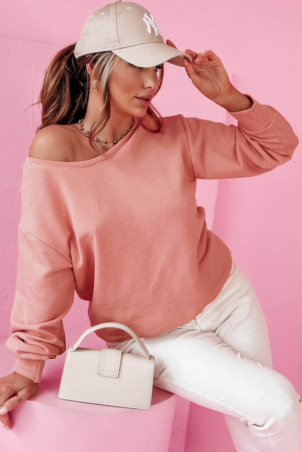 Apricot Bowknot Dewback Round Neck Sweatshirt