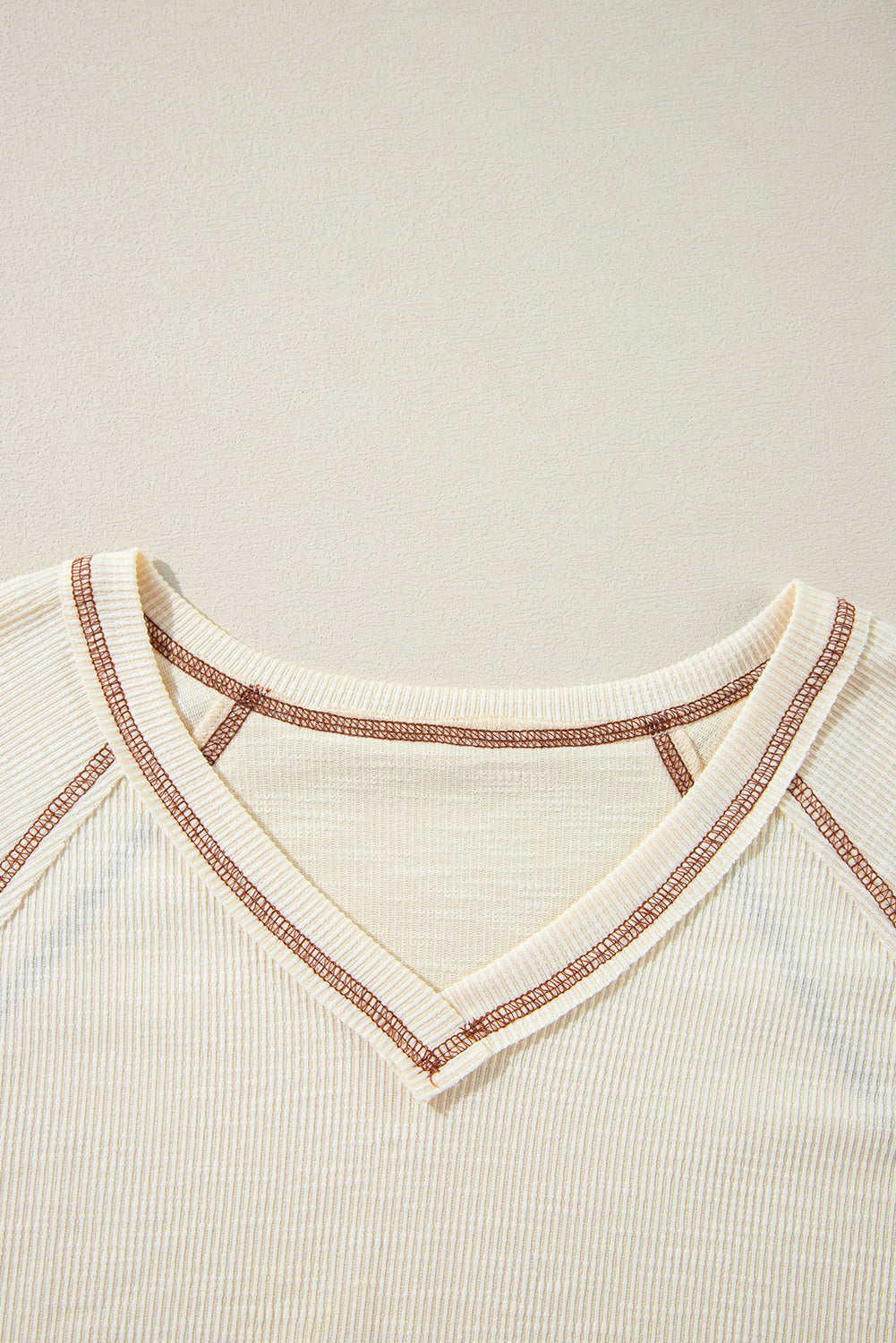 Beige Exposed Seam Textured Knit V Neck Pullover Top