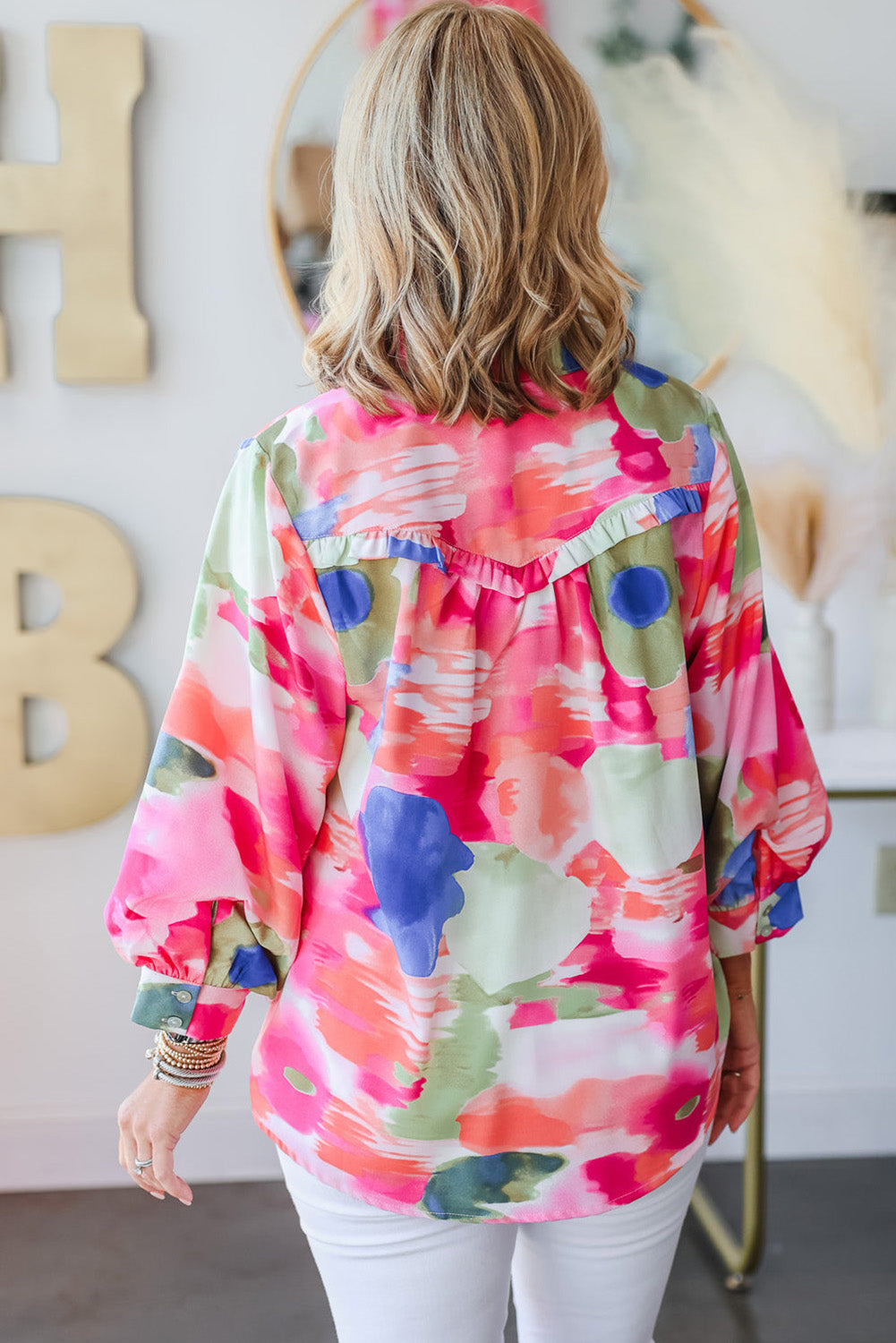 Multicolour Abstract Printed Lantern Sleeve Frilled Button Front Collared Shirt