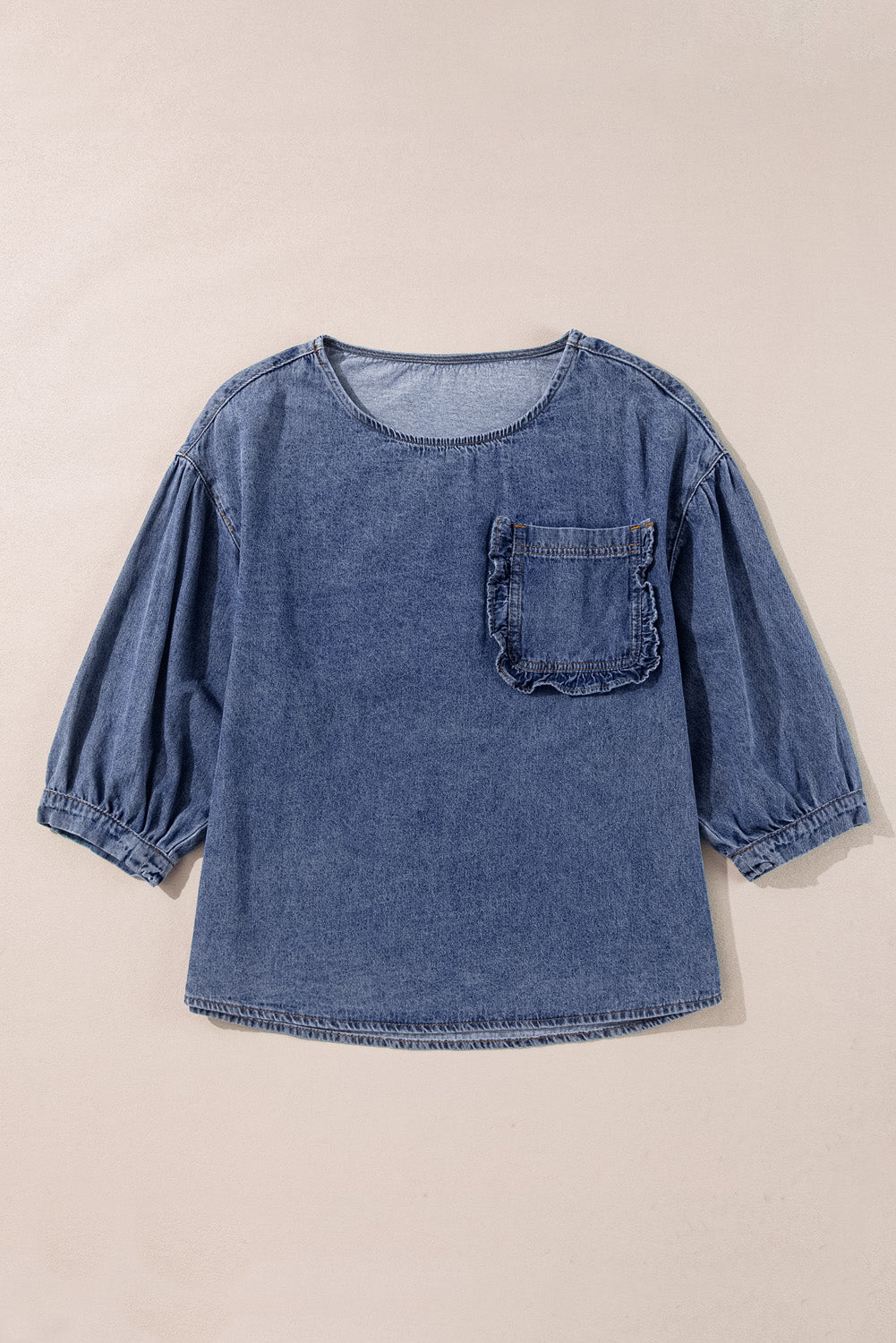 Sky Blue 3/4 Sleeve Ruffled Patched Pocket Denim Blouse