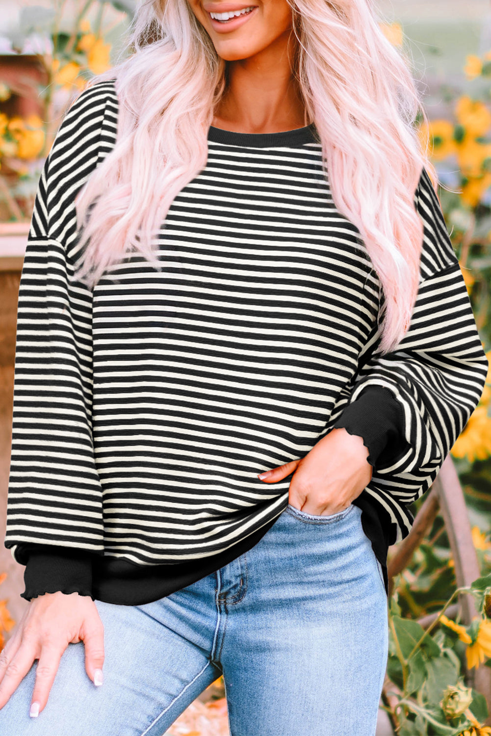 Black Stripe Loose Drop Shoulder Long Sleeve Top