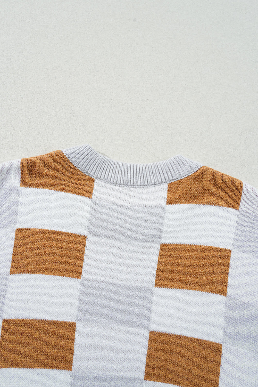 Orange Checkered Ribbed Edge O Neck Drop Shoulder Sweater