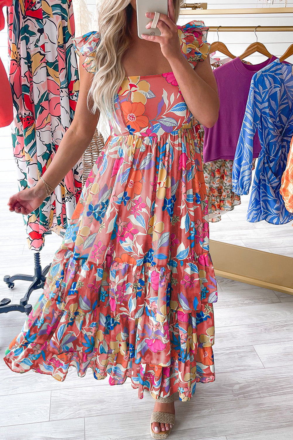 Pink Floral Print Sleeveless Ruffle Tiered Maxi Dress