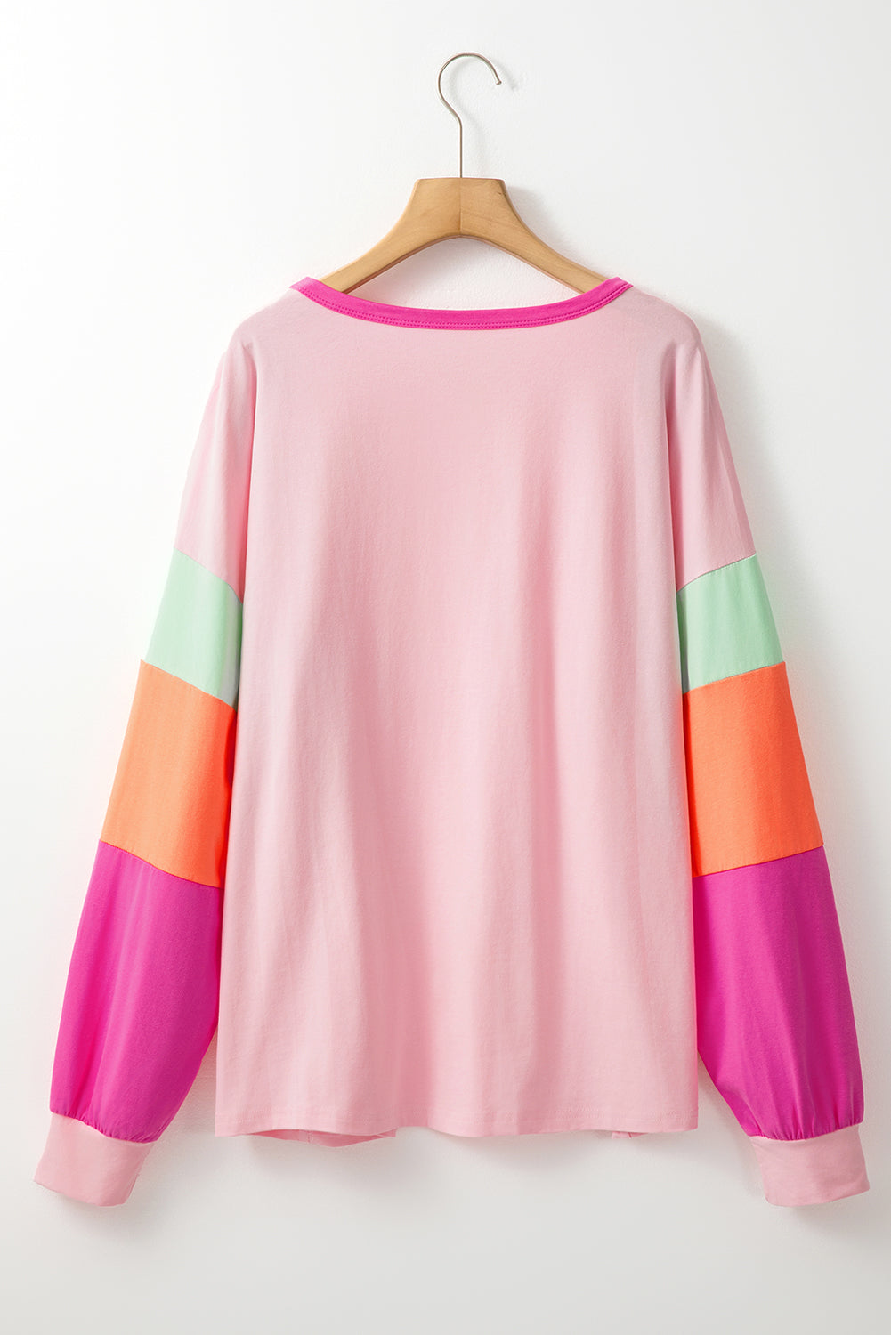 Pink Colorblock Patchwork Long Sleeve Plus Size Top