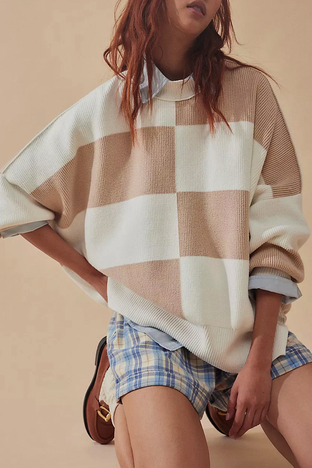 Green Checkered Side Slits Drop Shoulder Oversized Sweater