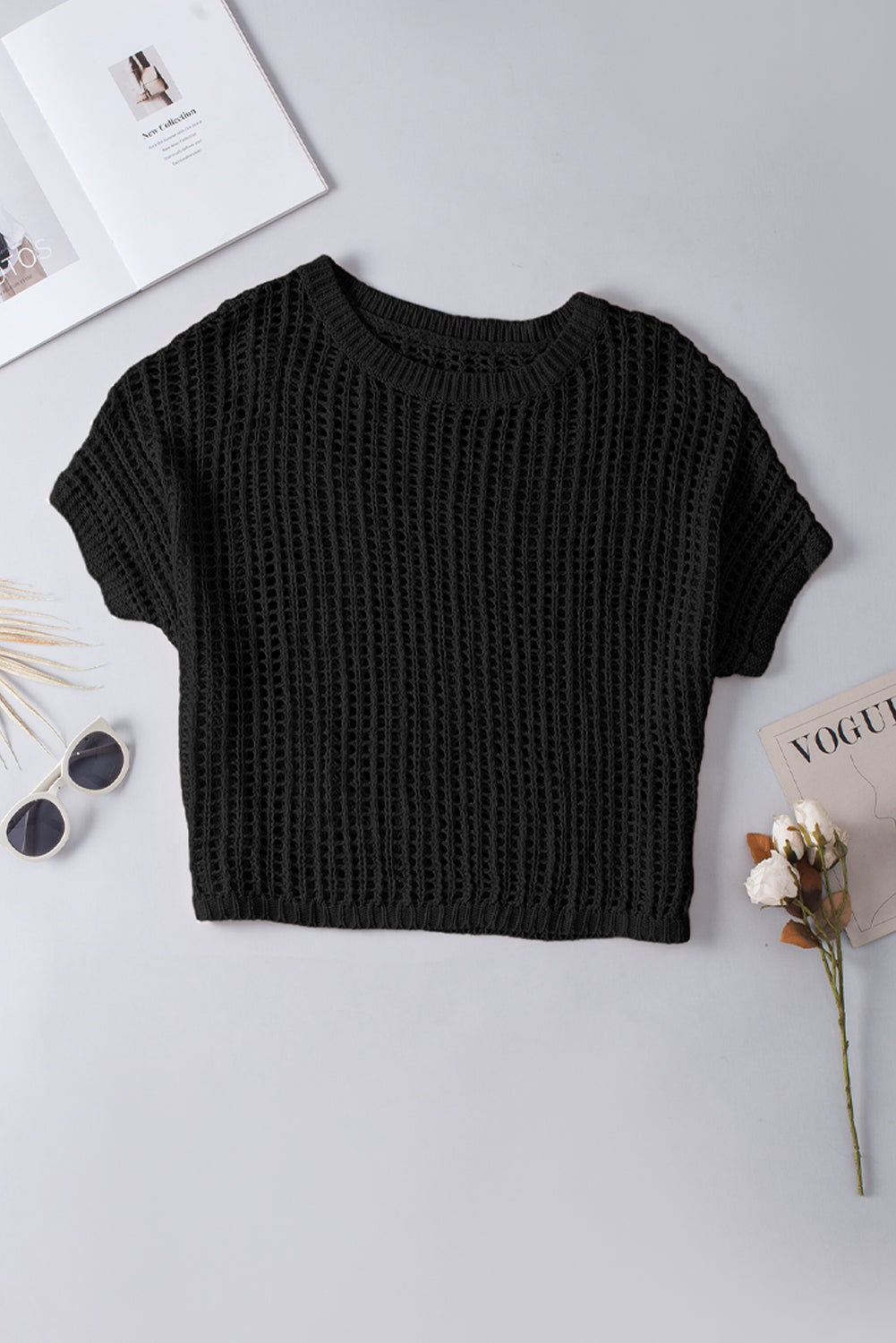 Apricot Fishnet Knit Ribbed Round Neck Short Sleeve Sweater Tee