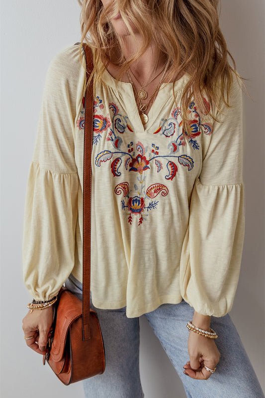 Apricot Paisley Floral Embroidered Notch V Neck Blouse