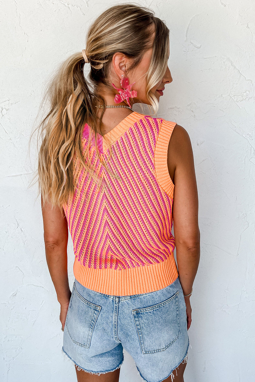 Strawberry Pink Contrast Chevron Knit V Neck Sweater Vest