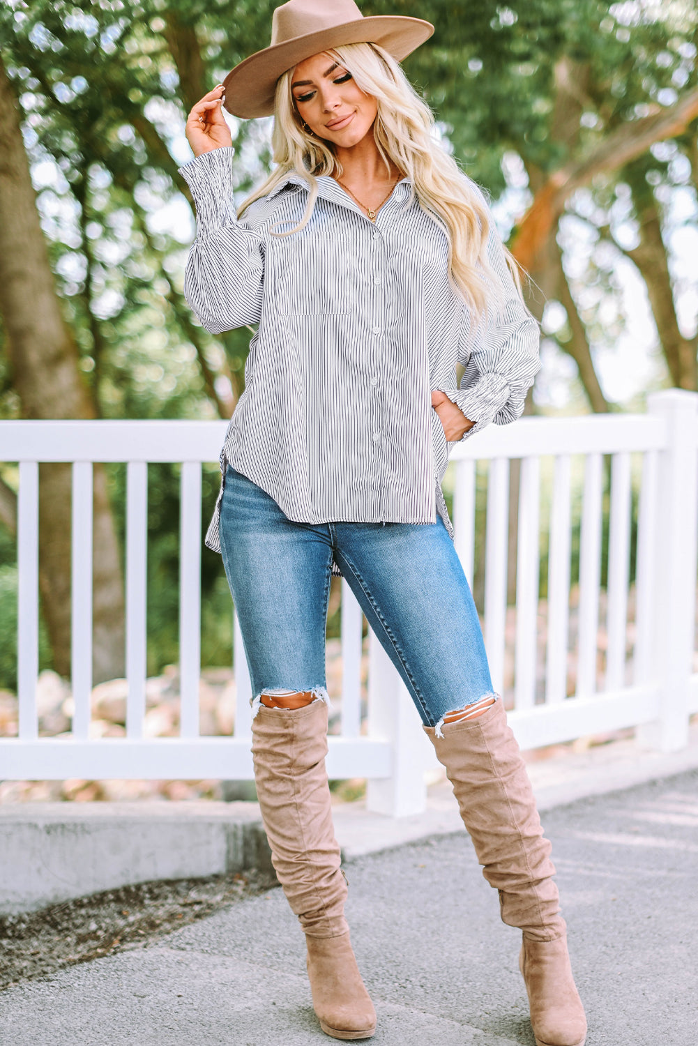 Sky Blue Smocked Cuffed Striped Boyfriend Shirt with Pocket