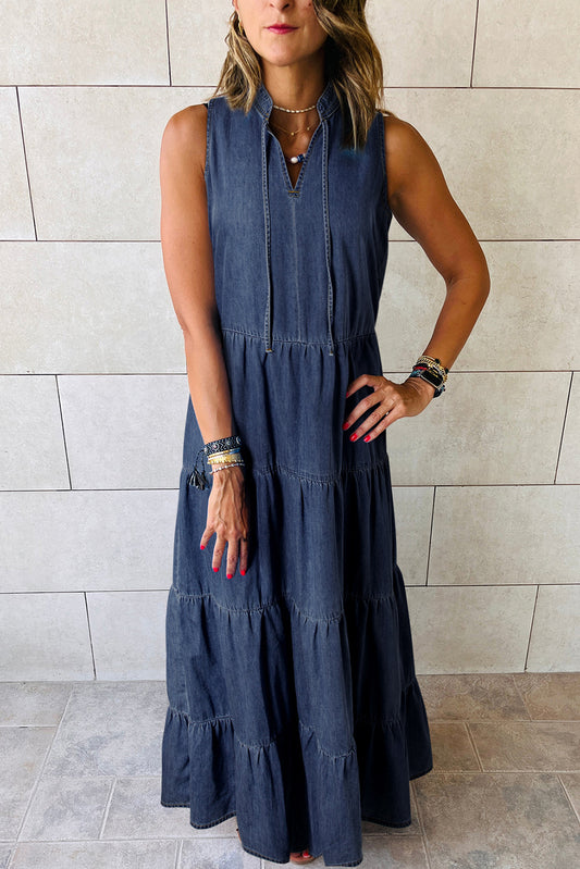 Real Teal Sleeveless Tiered Chambray Maxi Dress