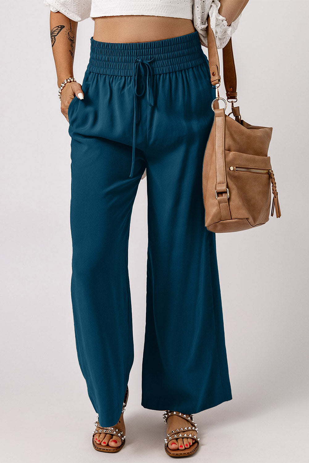 Green Brown Drawstring Elastic Waist Casual Wide Leg Pants