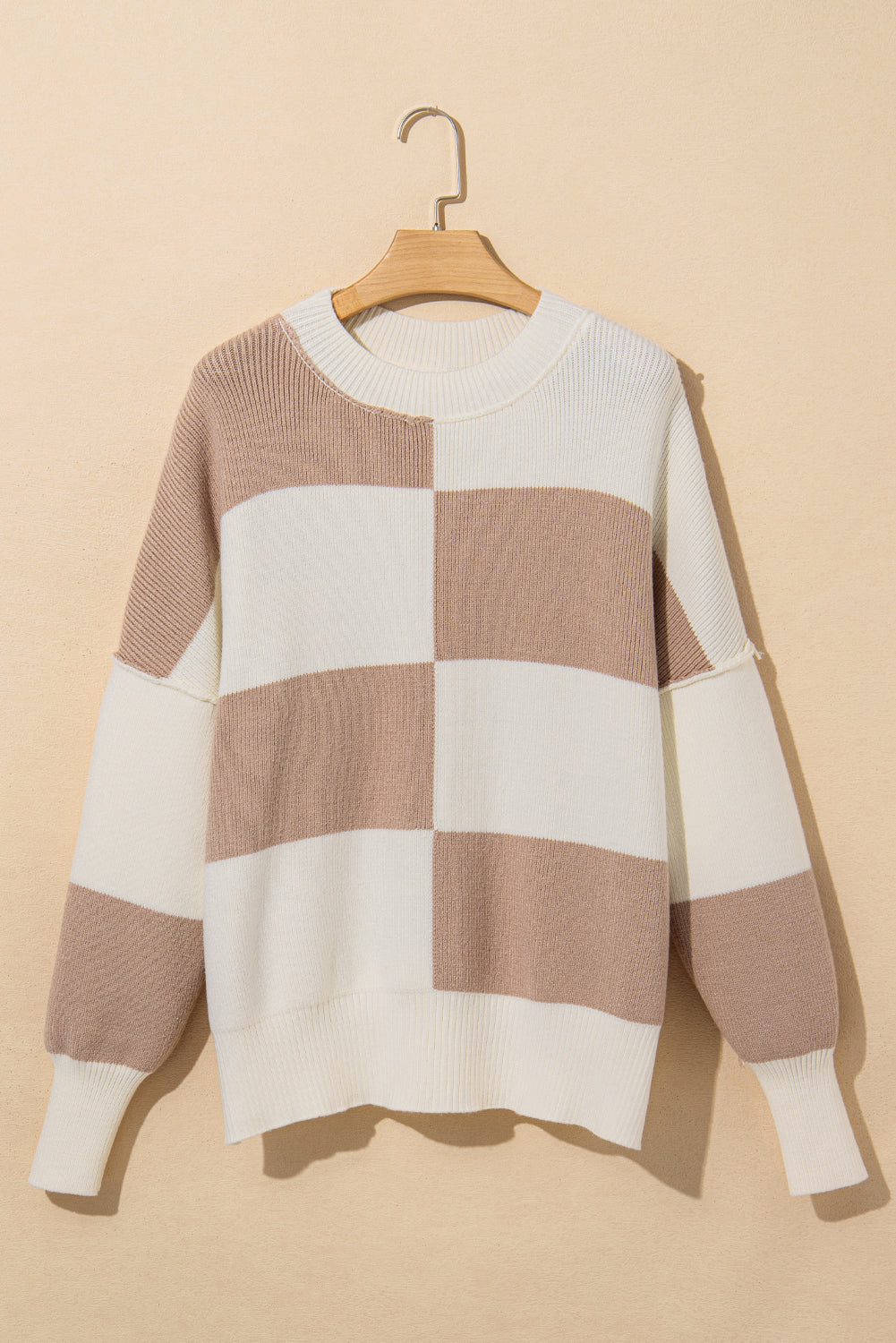 Green Checkered Side Slits Drop Shoulder Oversized Sweater