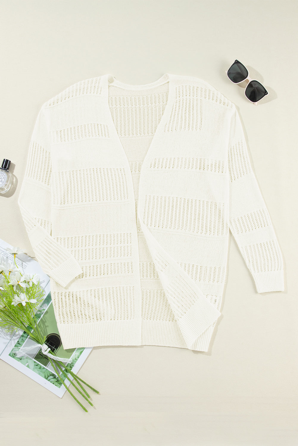 White Solid Color Lightweight Open Knit Tunic Cardigan