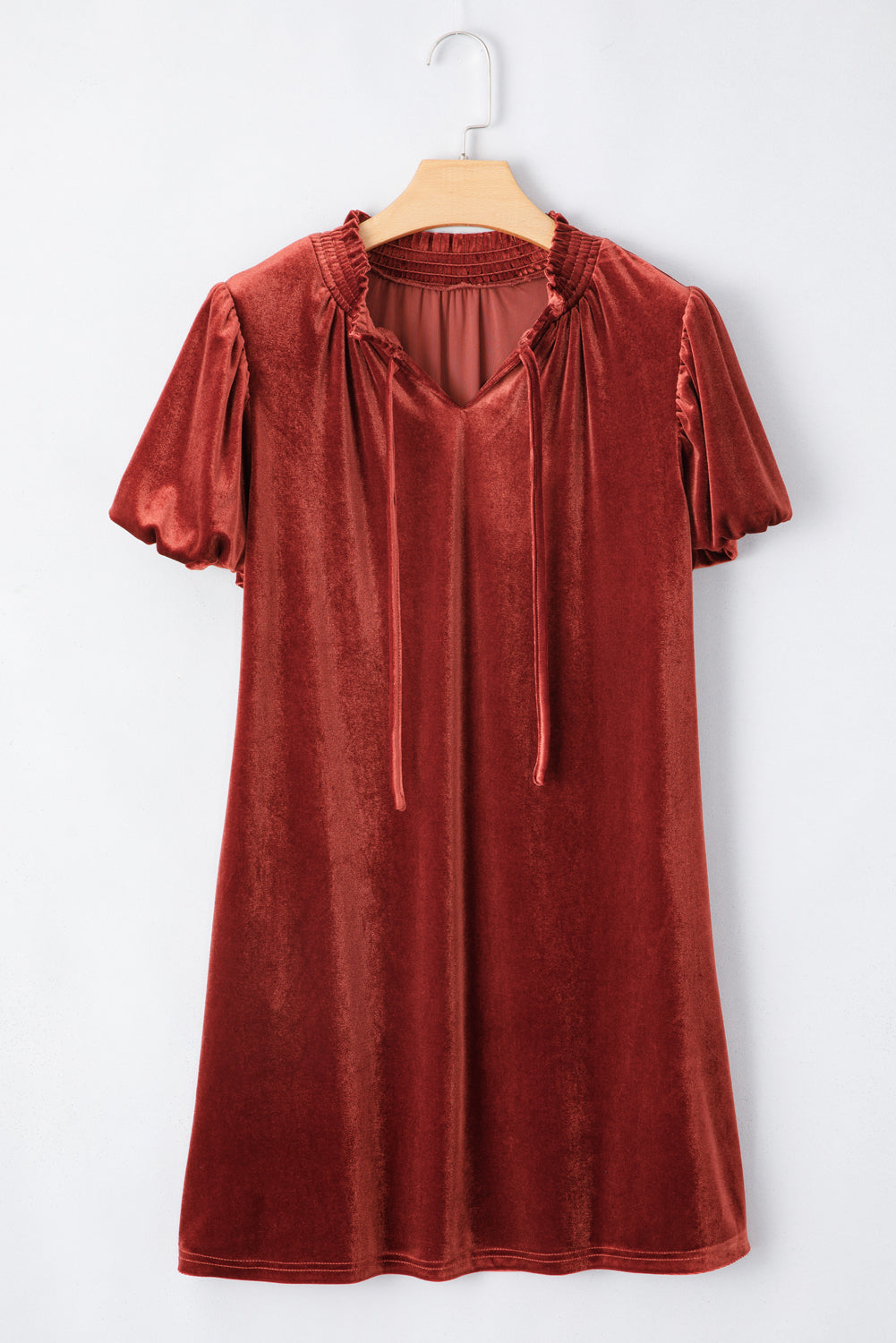 Cinnamon Velvet Smocked Neckline Puff Sleeve Shift Mini Dress