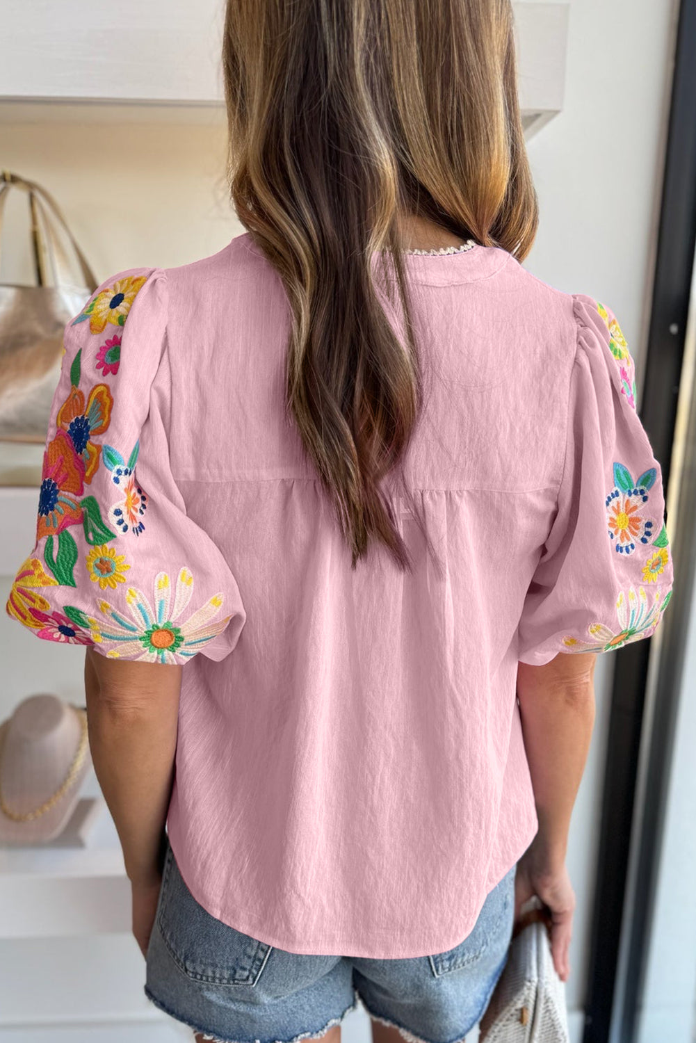 Pink Floral Embroidered Puff Sleeve Split Neck Blouse