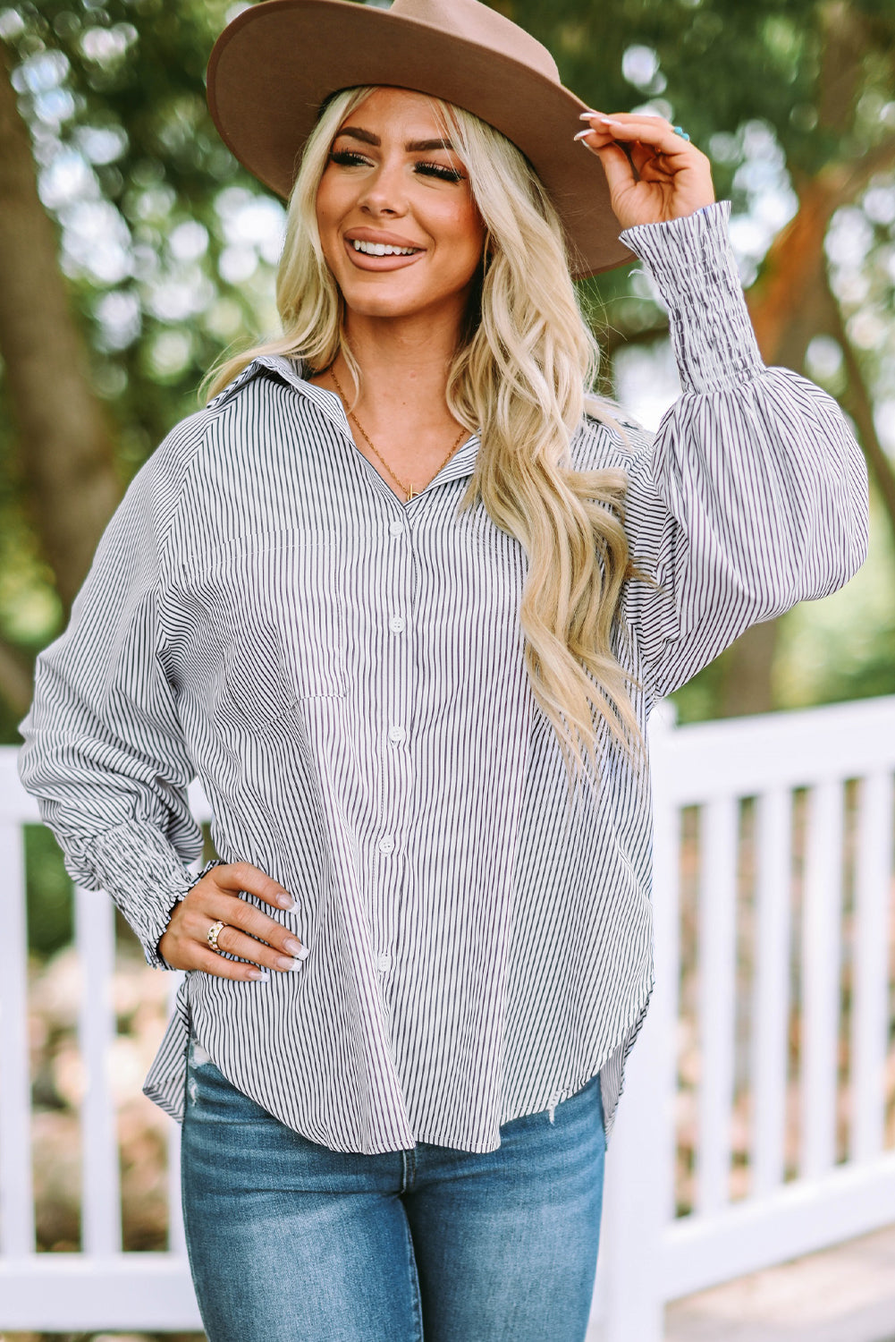 Sky Blue Smocked Cuffed Striped Boyfriend Shirt with Pocket